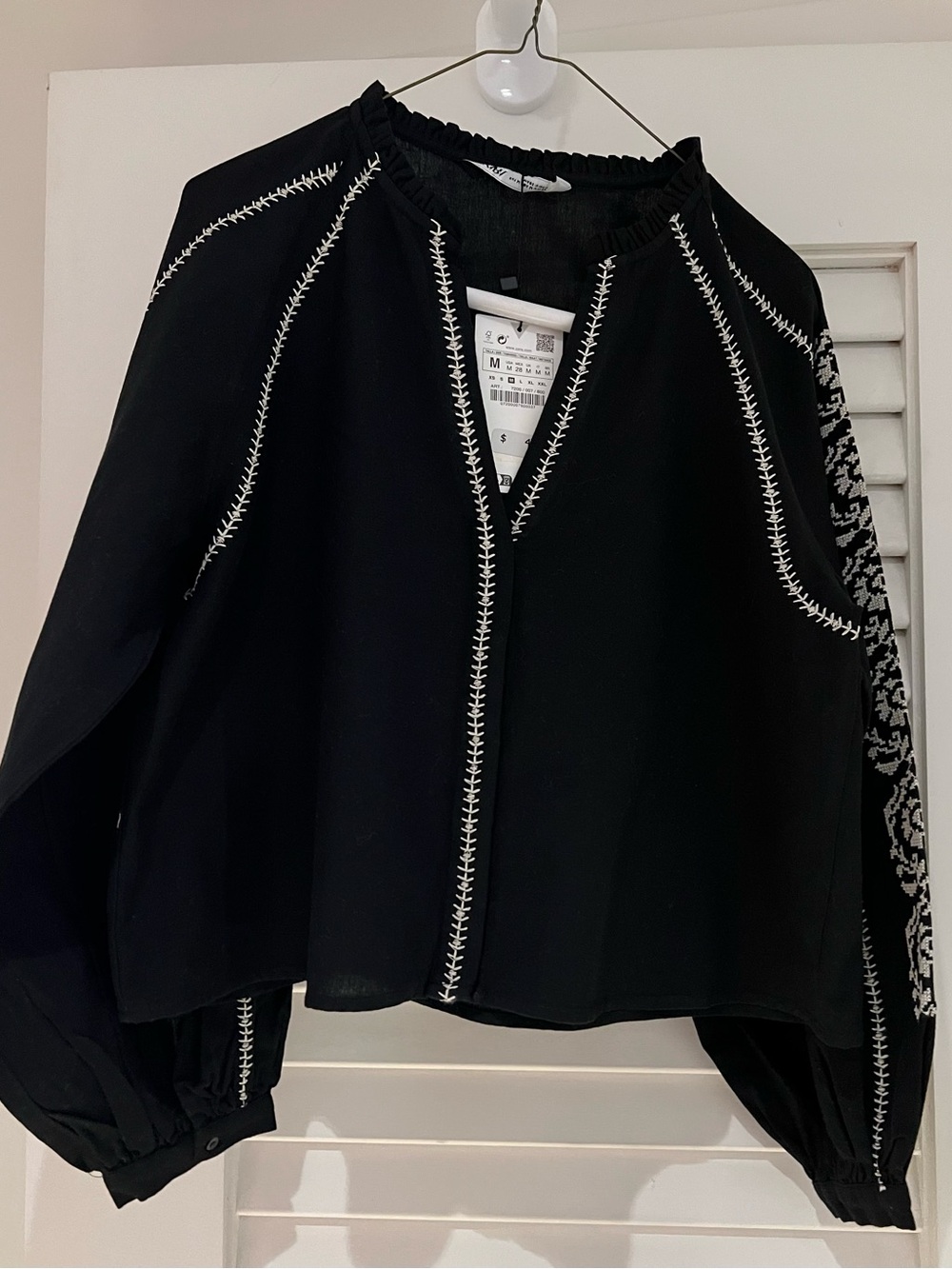 Zara Black Blouse with White Emroidered Stitching